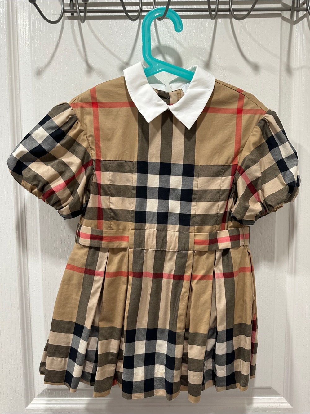 Burberry Tan Check Puff-Sleeve Dress with White Collar